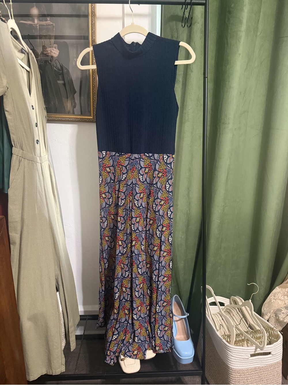 Anthropologie | Tiny Sleeveless Navy Knit & Floral Print Maxi Dress